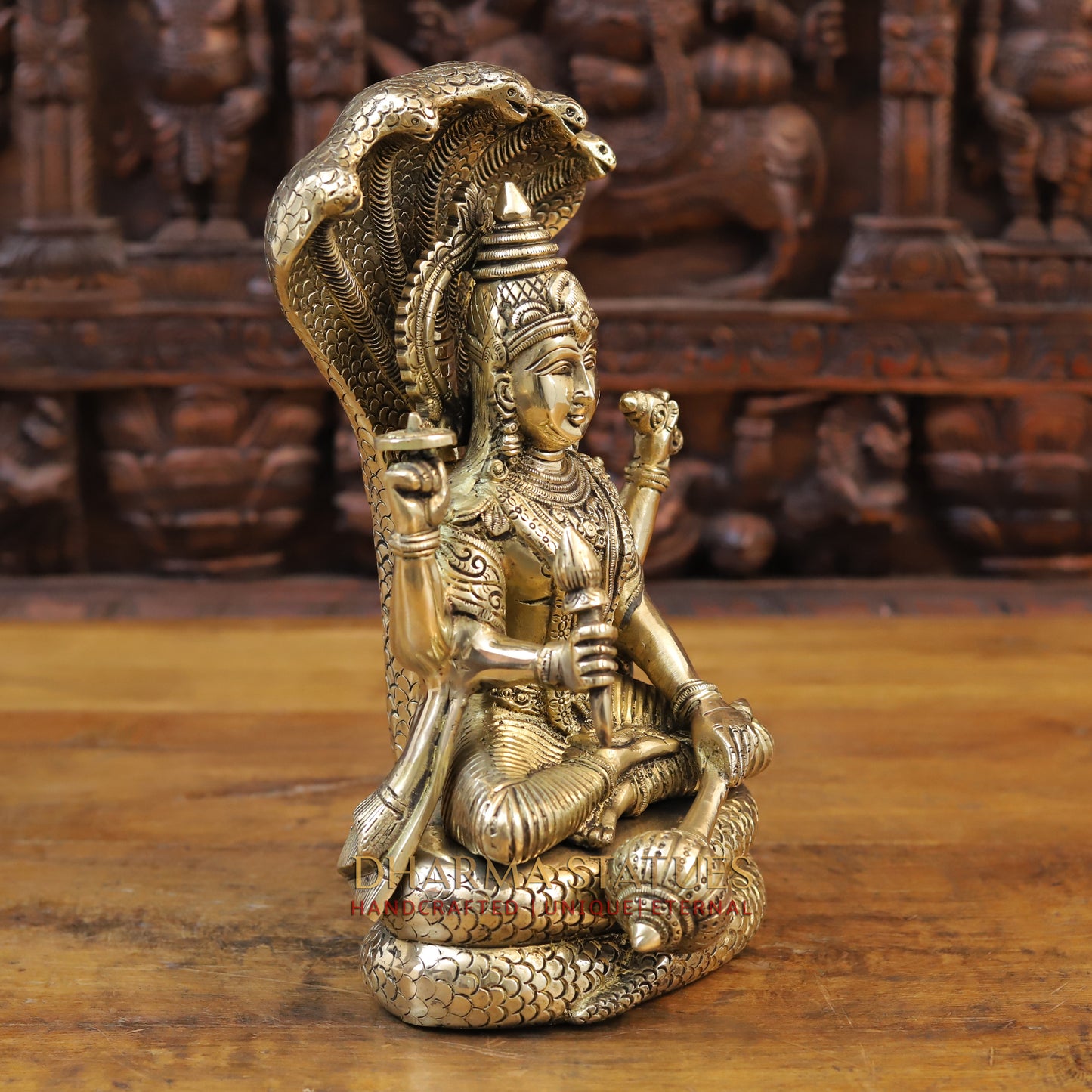 Brass Vishnu Seated on Sheshnag, Fine Golden Finish, 13"