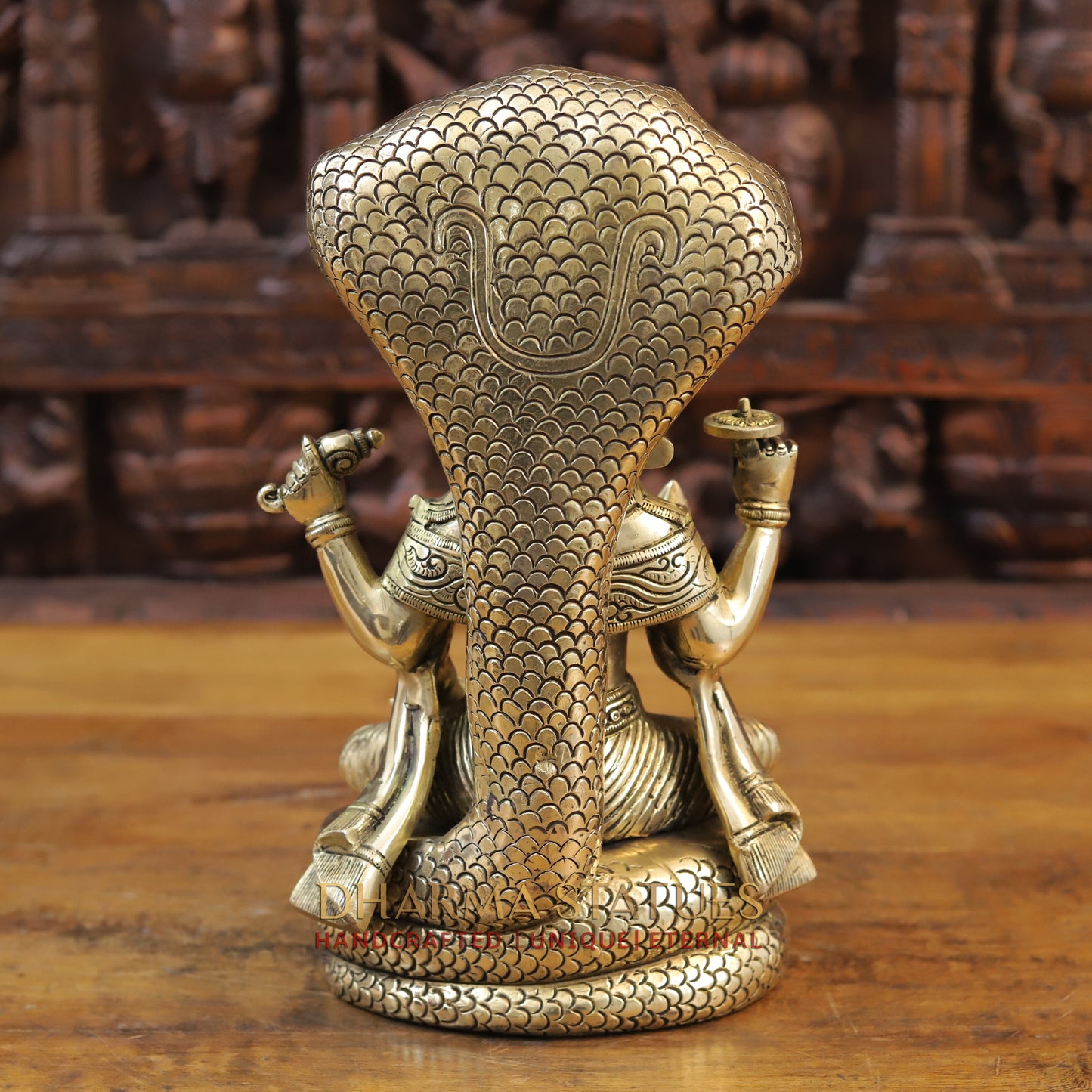 Brass Vishnu Seated on Sheshnag, Fine Golden Finish, 13"