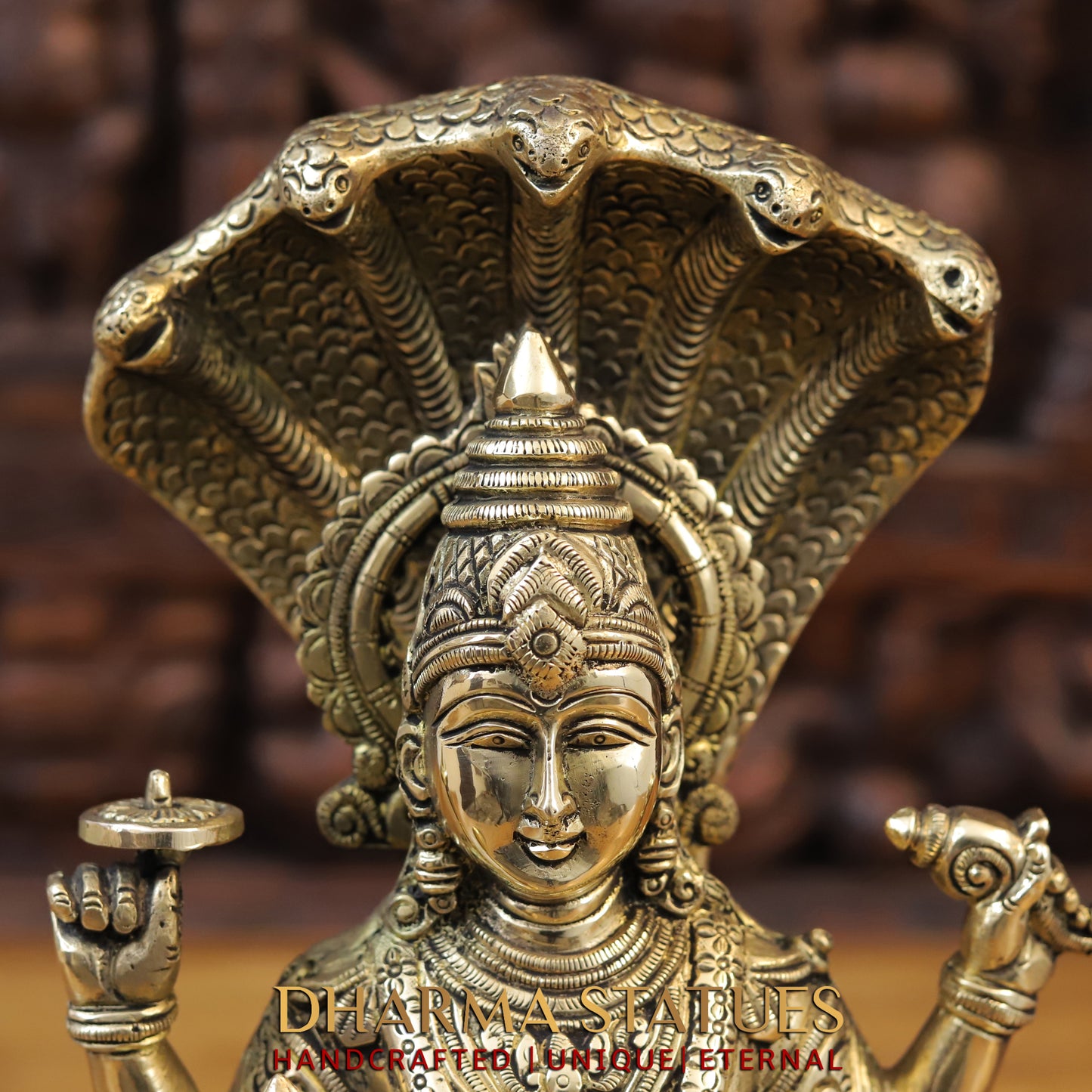 Brass Vishnu Seated on Sheshnag, Fine Golden Finish, 13"