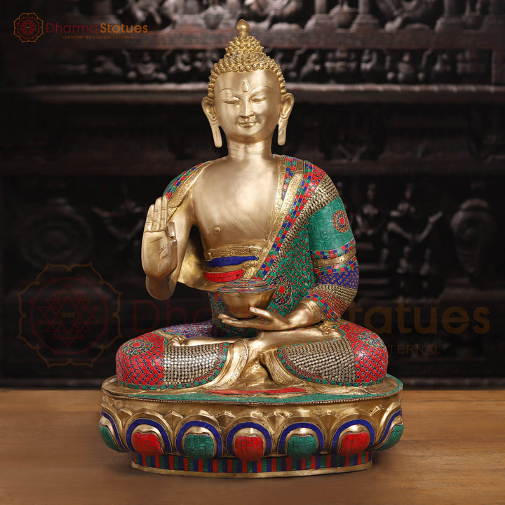 Brass Buddha Seated In Blessing Position, stone Work, 34" Front view