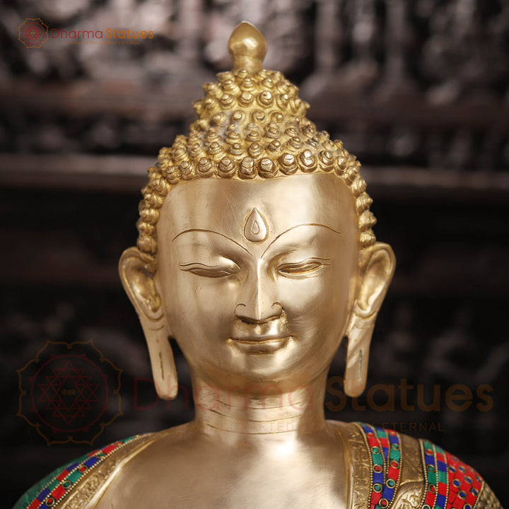 Brass Buddha Statue, Blessing Buddha, Fine stone Work 34"