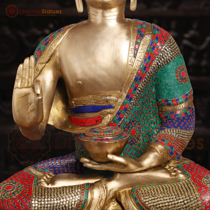 Brass Buddha Statue, Blessing Buddha, Fine stone Work 34"