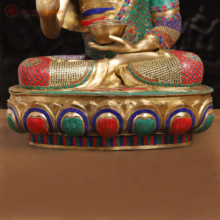 Brass Buddha Statue, Blessing Buddha, Fine stone Work 34"