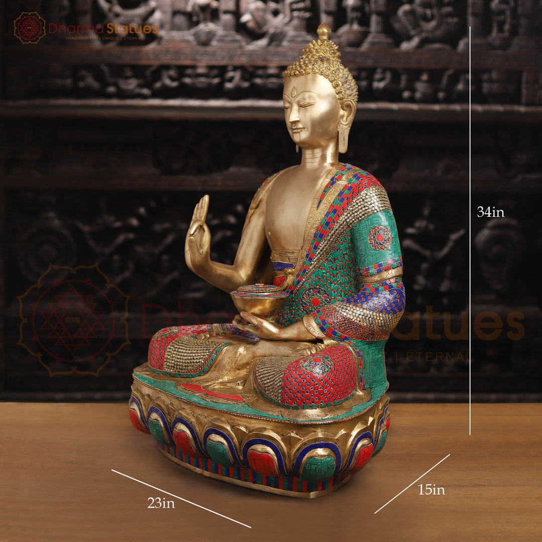 Brass Buddha Statue, Blessing Buddha, Fine stone Work 34"