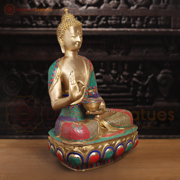 Brass Buddha Statue, Blessing Buddha, Fine stone Work 34"