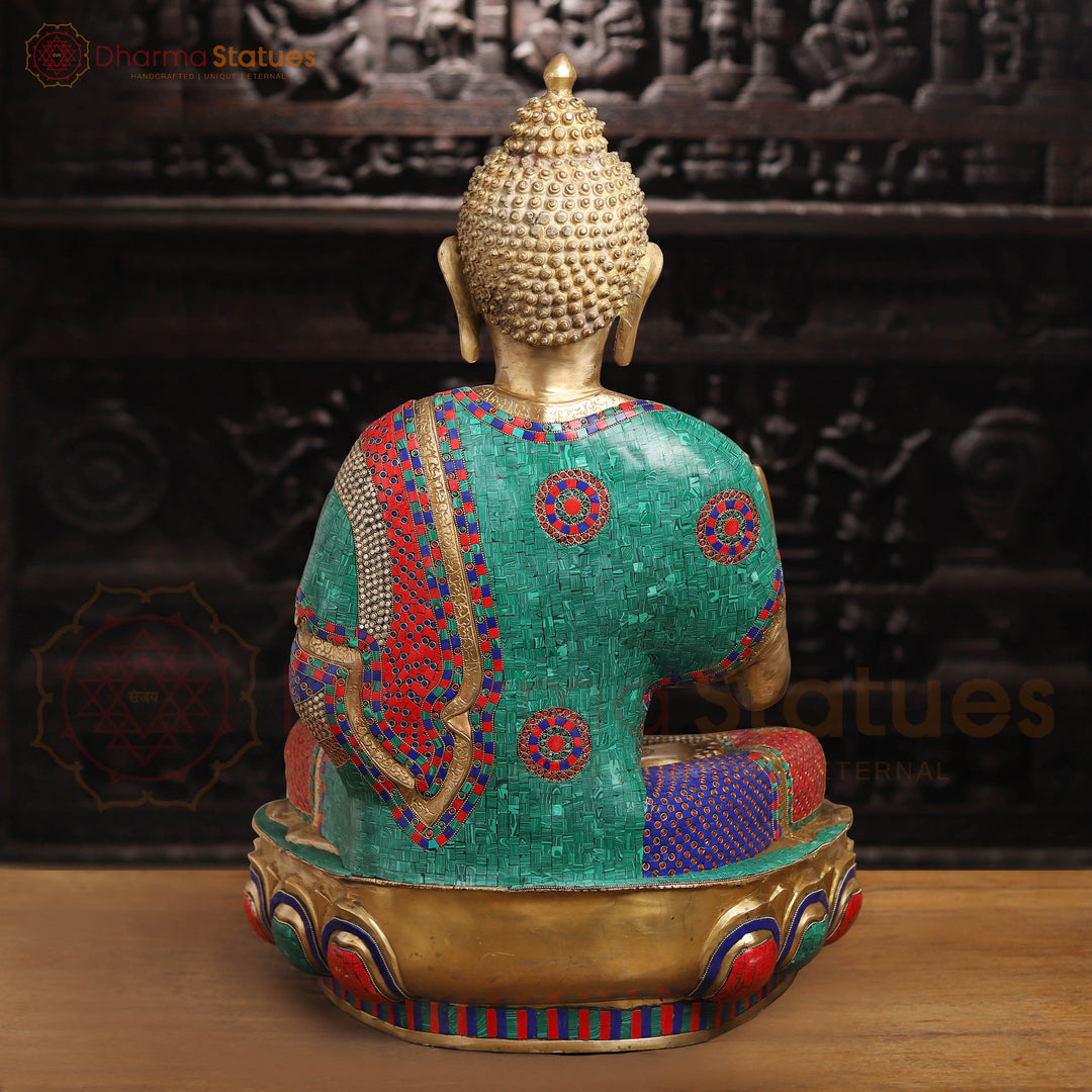 Brass Buddha Statue, Blessing Buddha, Fine stone Work 34"