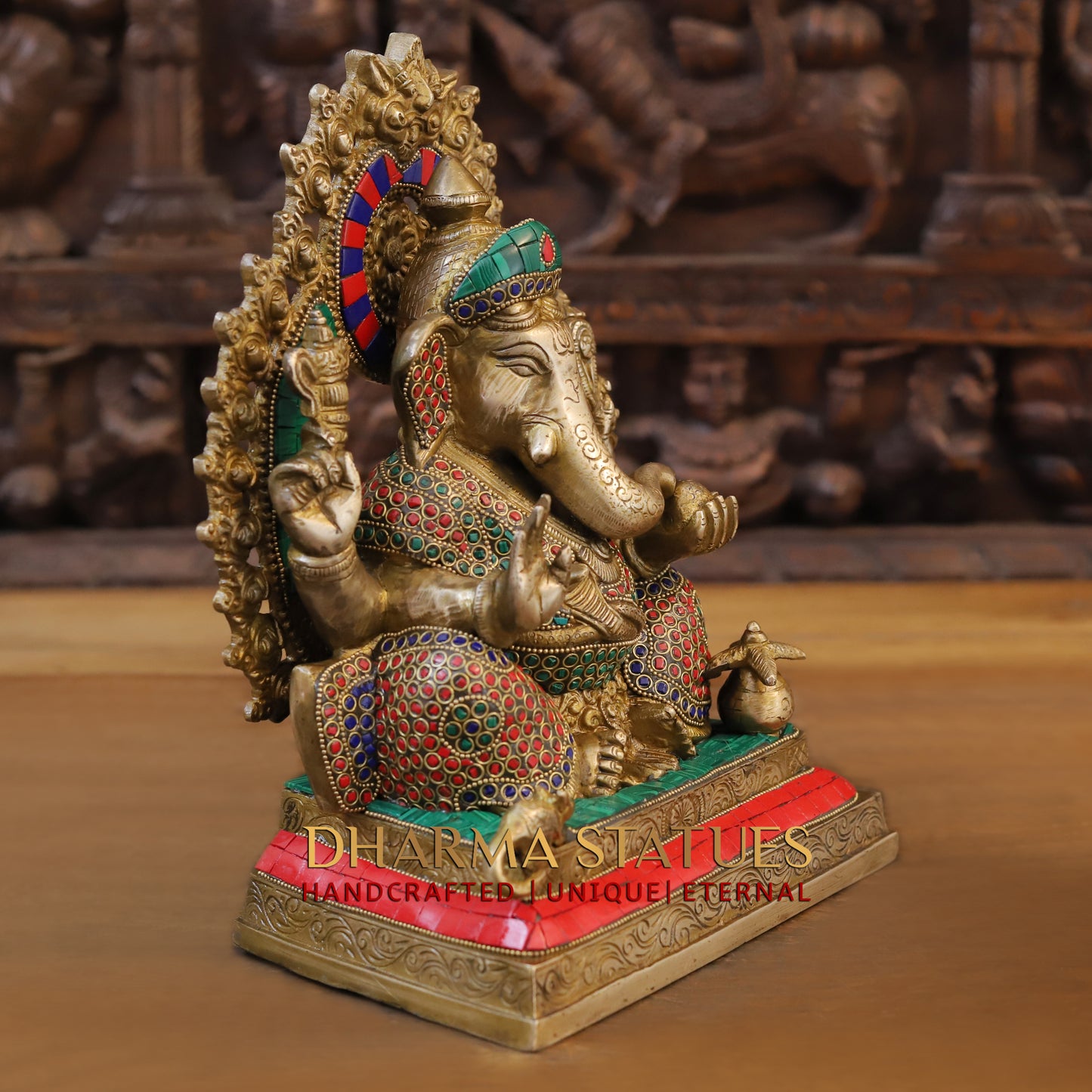 Brass Ganesh seated with Frame, Golden & Stonework, 12"