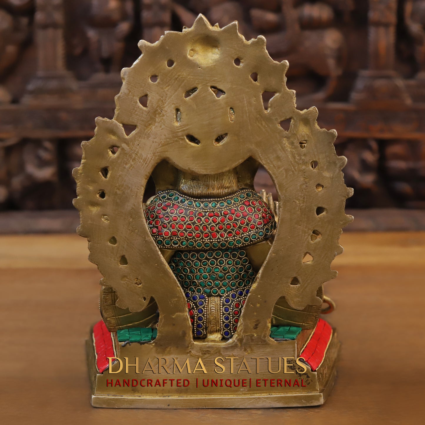 Brass Ganesh seated with Frame, Golden & Stonework, 12"