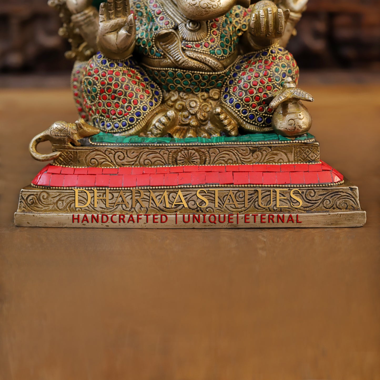 Brass Ganesh seated with Frame, Golden & Stonework, 12"