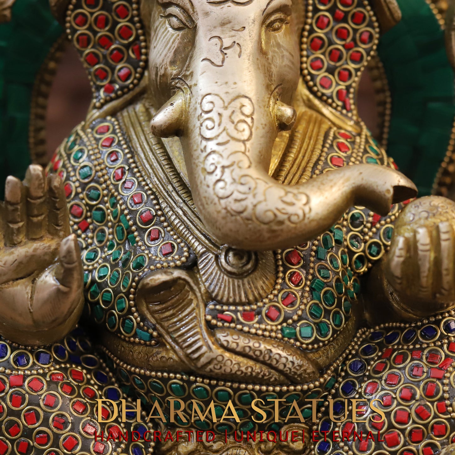 Brass Ganesh seated with Frame, Golden & Stonework, 12"