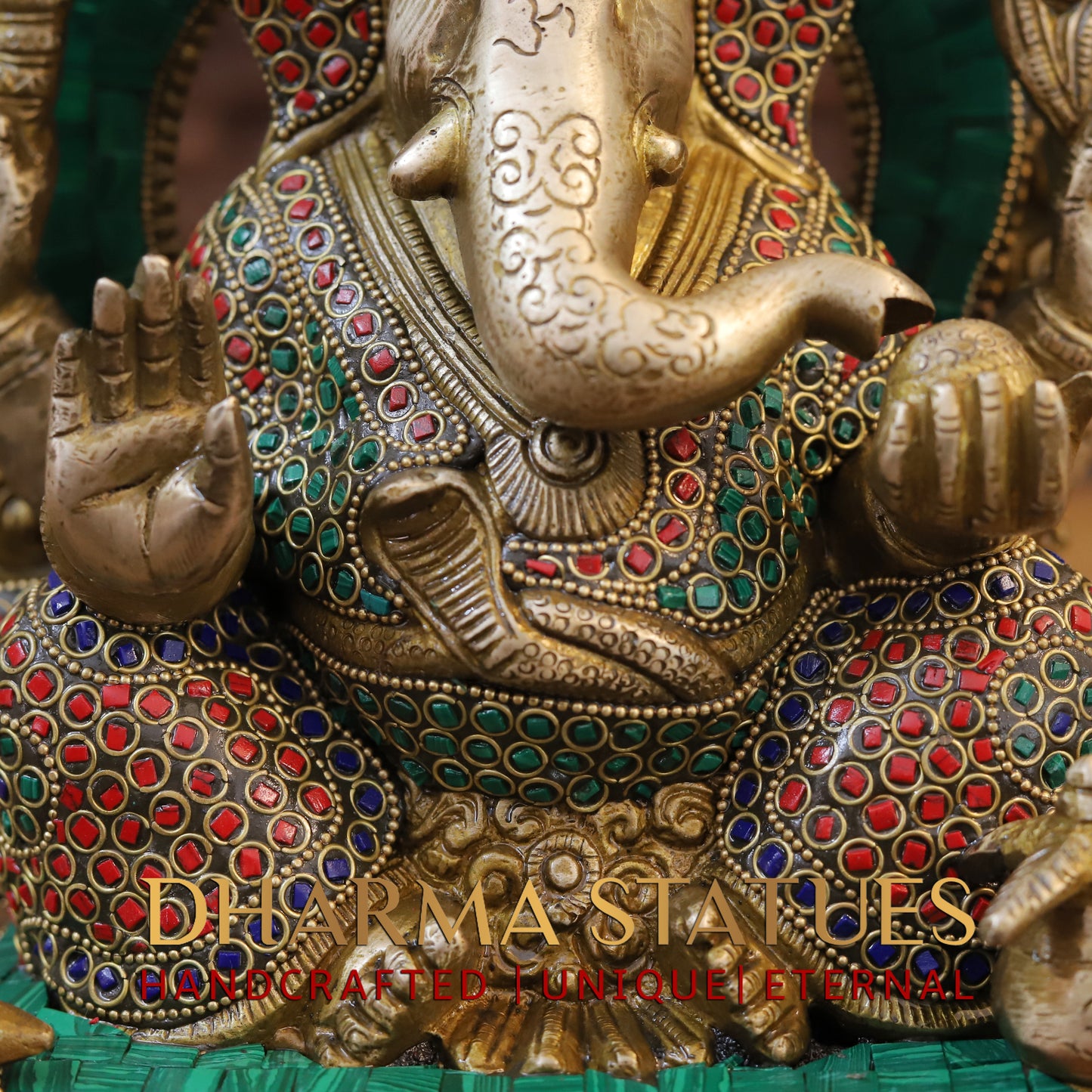 Brass Ganesh seated with Frame, Golden & Stonework, 12"