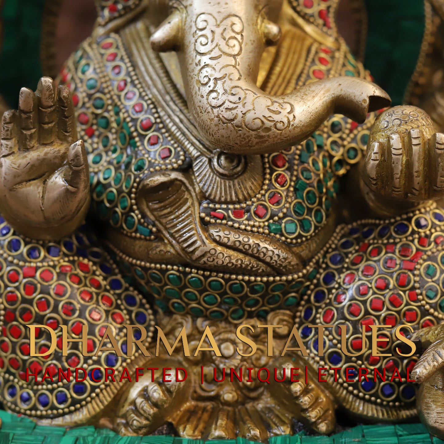 Brass Ganesh seated with Frame, Golden & Stonework, 12"
