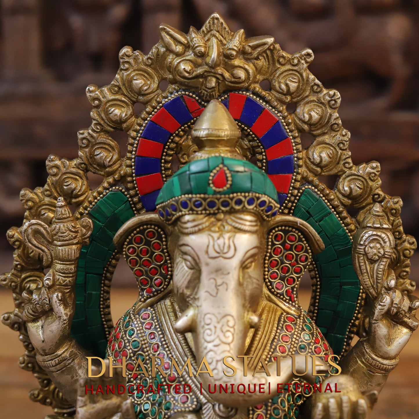 Brass Ganesh seated with Frame, Golden & Stonework, 12"