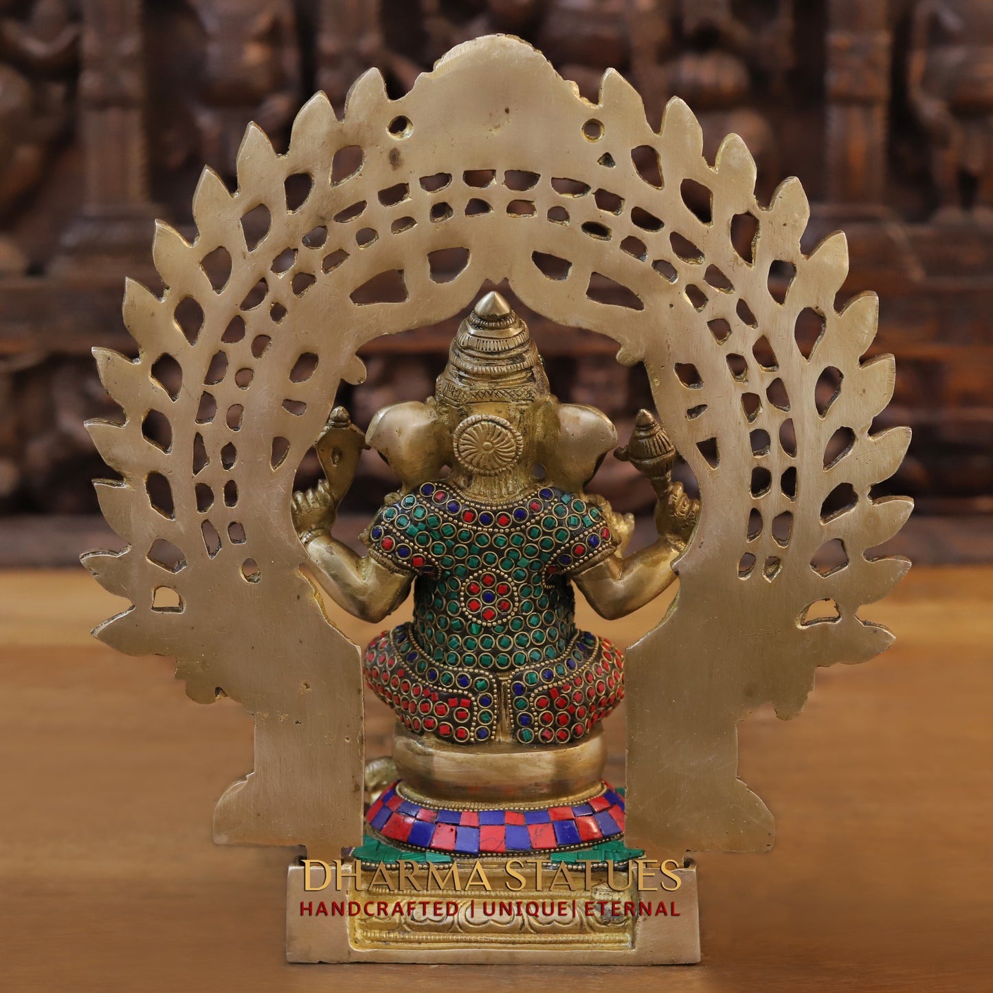 Brass Ganesh seated on Throne, Golden & Stonework, 13"