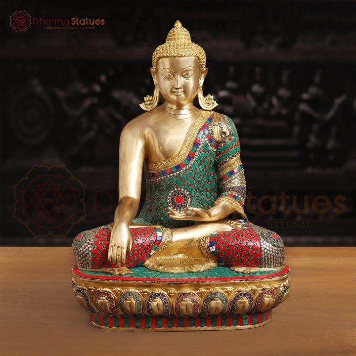 Brass Kundal Buddha Sitting on a Lotus, Fine Golden and Stone work 21"