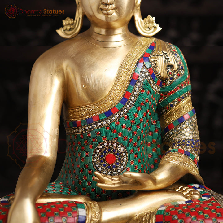 Brass Kundal Buddha Sitting on a Lotus, Fine Golden and Stone work 21"