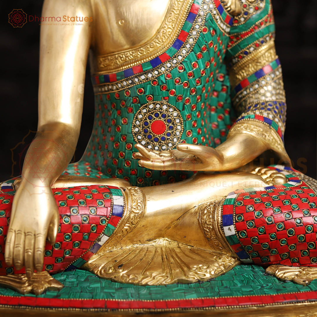 Brass Kundal Buddha Sitting on a Lotus, Fine Golden and Stone work 21"