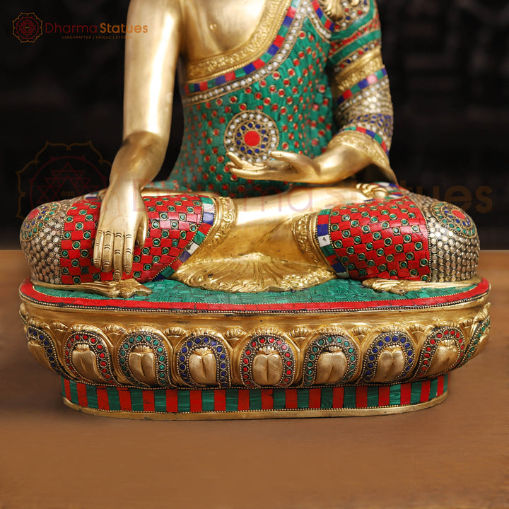 Brass Kundal Buddha Sitting on a Lotus, Fine Golden and Stone work 21"