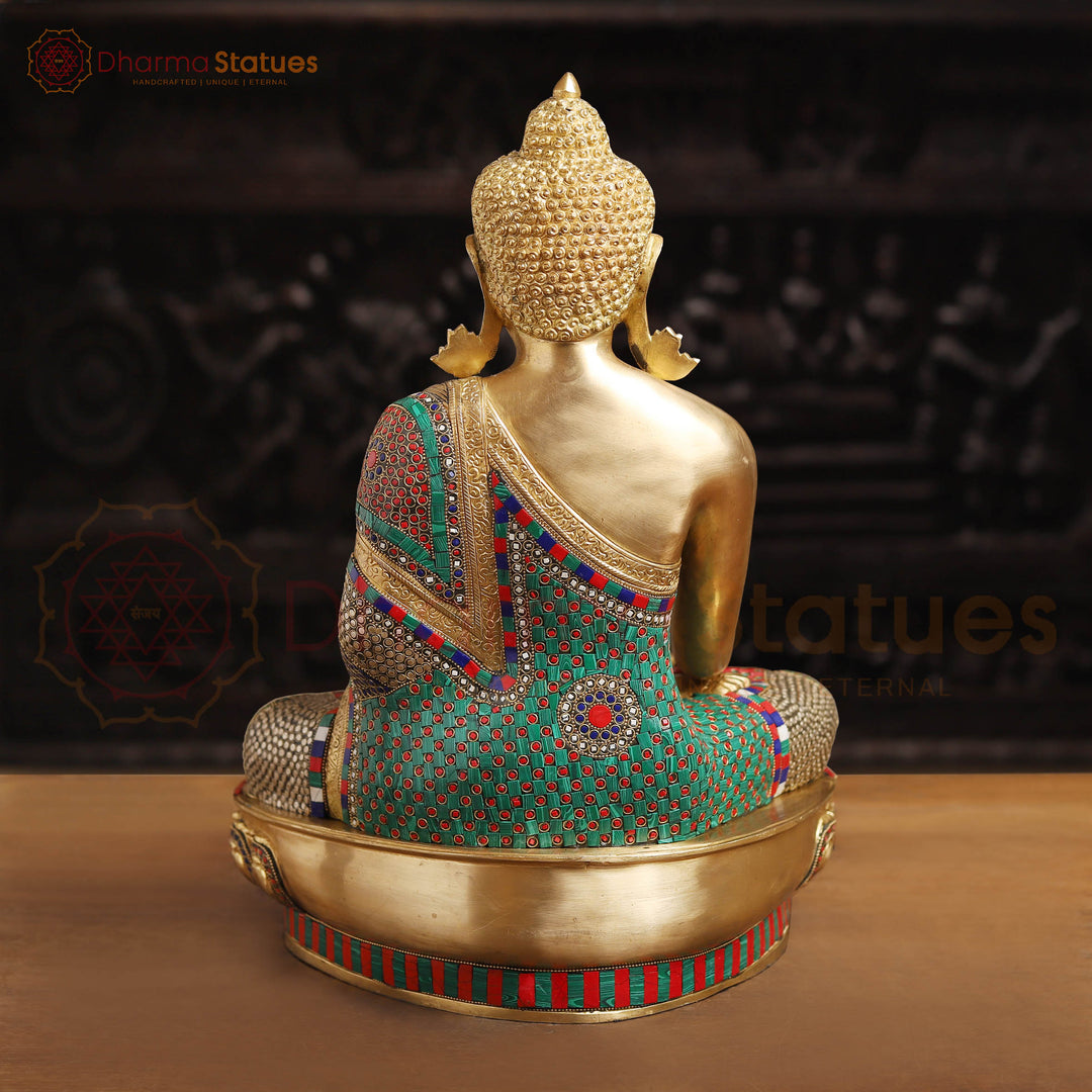 Brass Kundal Buddha Sitting on a Lotus, Fine Golden and Stone work 21"