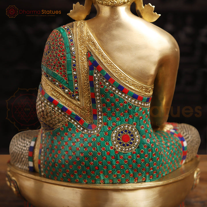 Brass Kundal Buddha Sitting on a Lotus, Fine Golden and Stone work 21"