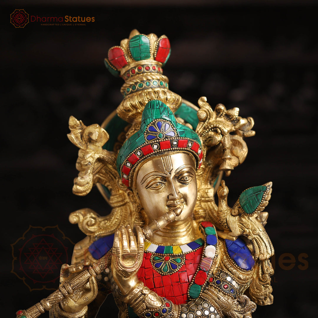 Brass Radha Krishna Idol– Playing Flute with Semi-Precious Stone Embellishments, Gold Finish 26"