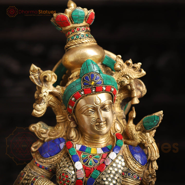 Brass Radha Krishna Idol– Playing Flute with Semi-Precious Stone Embellishments, Gold Finish 26"