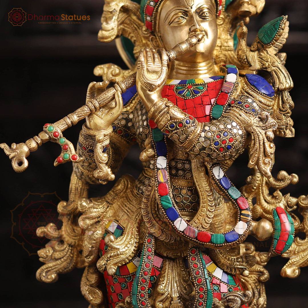 Brass Radha Krishna Idol– Playing Flute with Semi-Precious Stone Embellishments, Gold Finish 26"