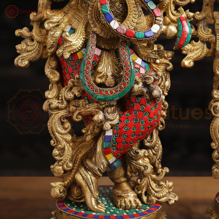 Brass Radha Krishna Idol– Playing Flute with Semi-Precious Stone Embellishments, Gold Finish 26"