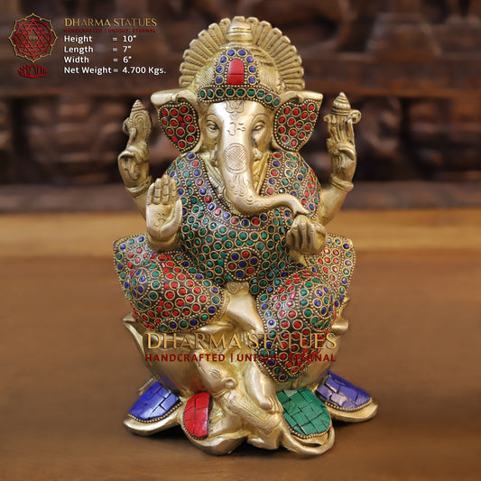 Brass Ganesh seated on Lotus, Golden & Stonework, 10"