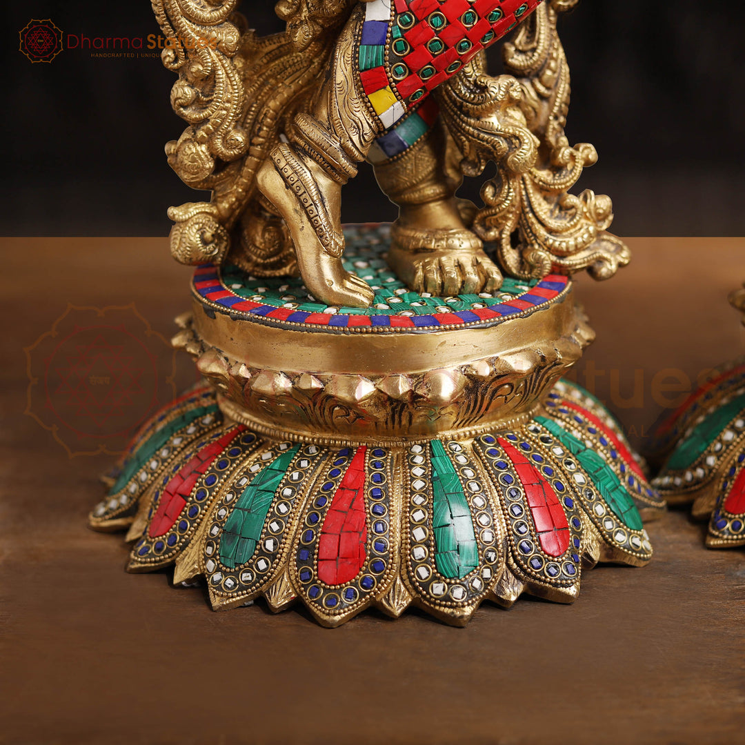 Brass Radha Krishna Idol– Playing Flute with Semi-Precious Stone Embellishments, Gold Finish 26"