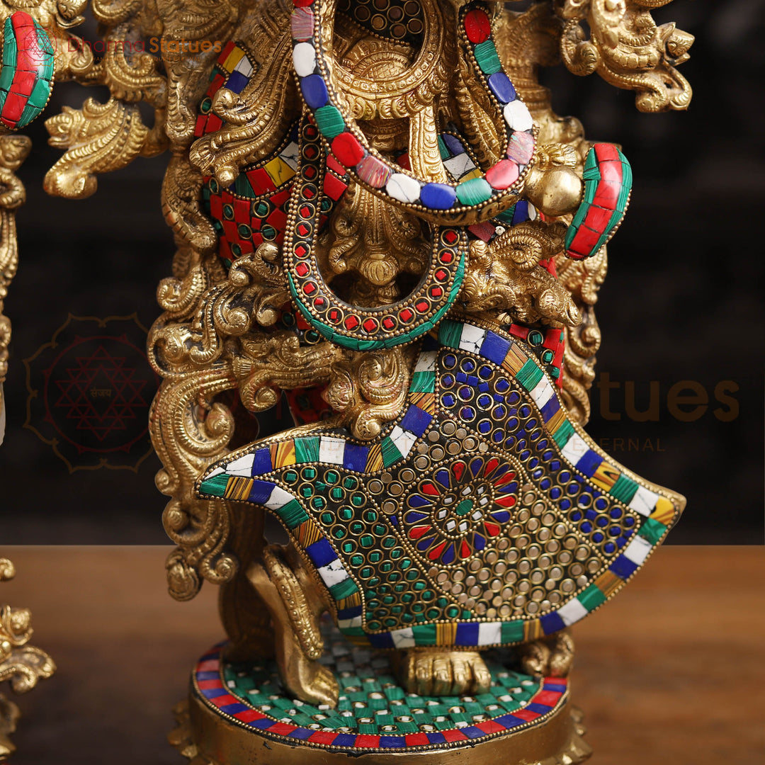 Brass Radha Krishna Idol– Playing Flute with Semi-Precious Stone Embellishments, Gold Finish 26"