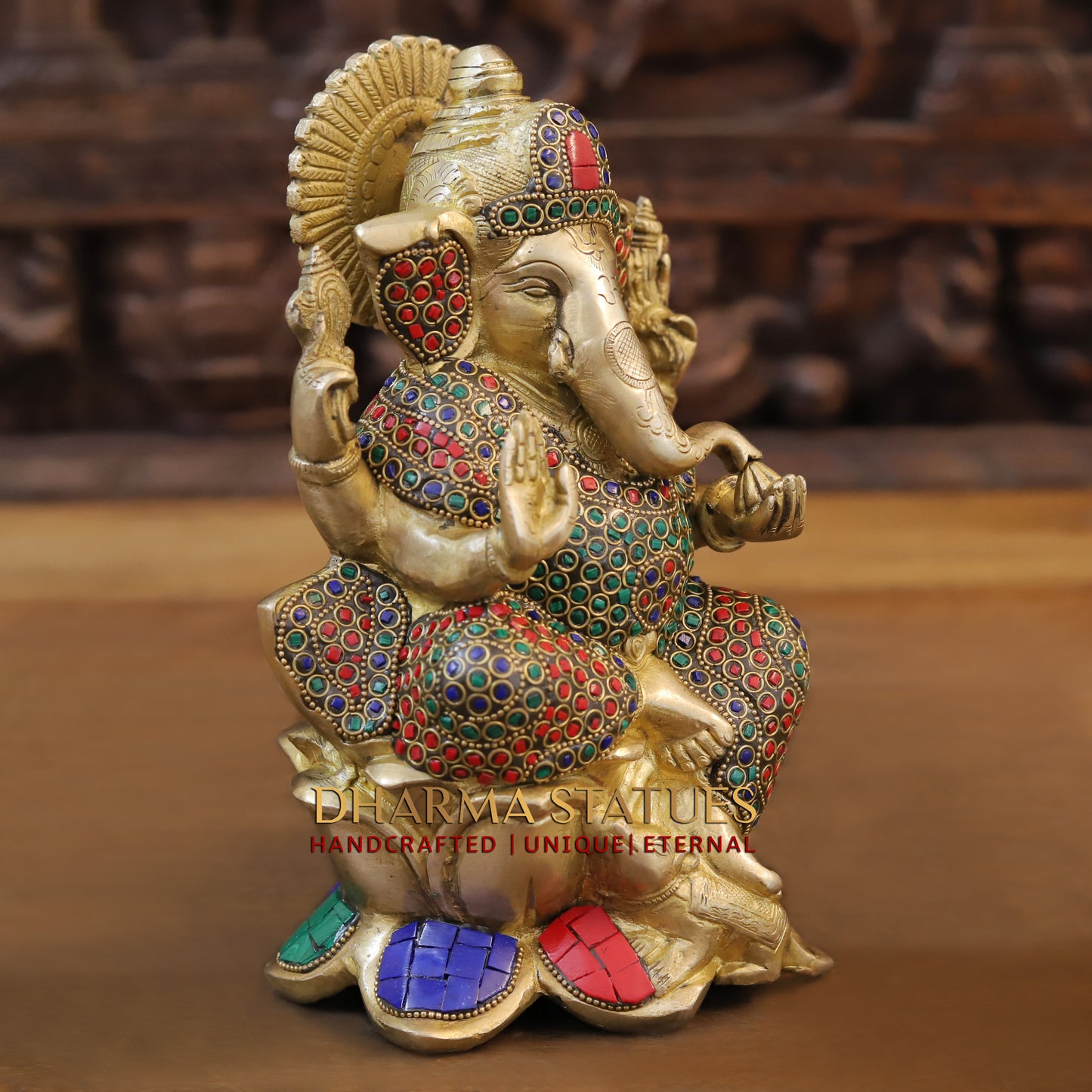 Brass Ganesh seated on Lotus, Golden & Stonework, 10"