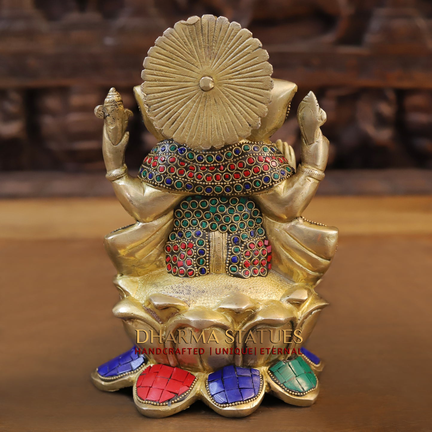 Brass Ganesh seated on Lotus, Golden & Stonework, 10"