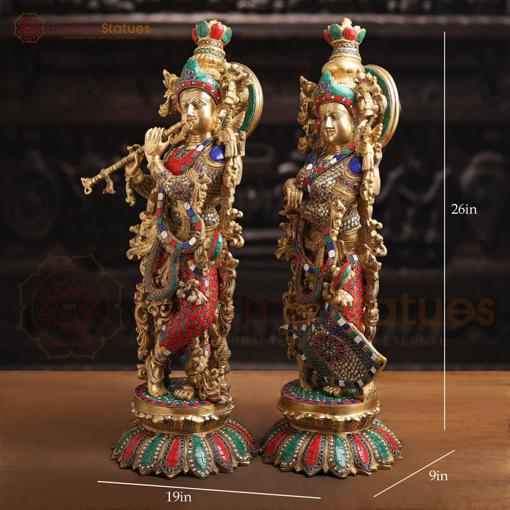 Brass Radha Krishna Idol– Playing Flute with Semi-Precious Stone Embellishments, Gold Finish 26"