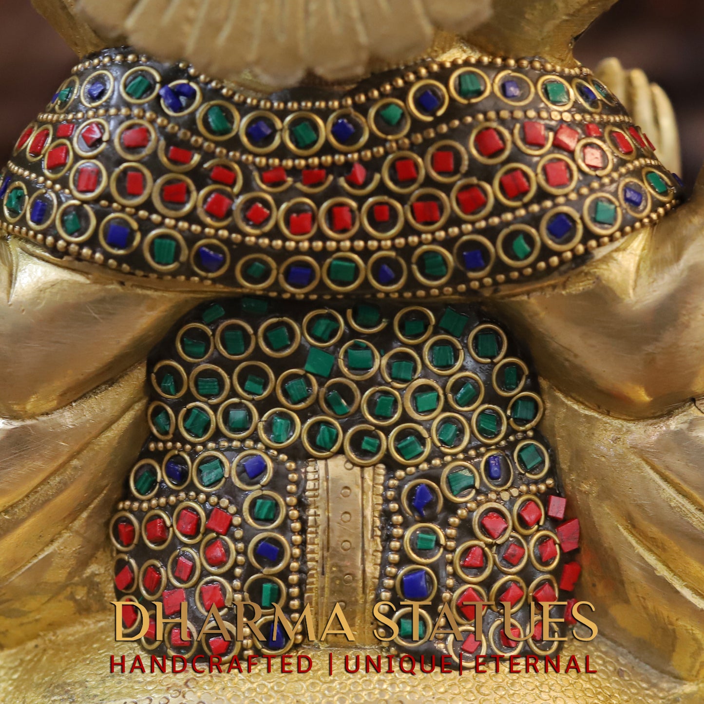 Brass Ganesh seated on Lotus, Golden & Stonework, 10"