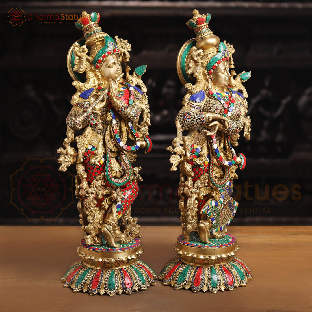 Brass Radha Krishna Idol– Playing Flute with Semi-Precious Stone Embellishments, Gold Finish 26"