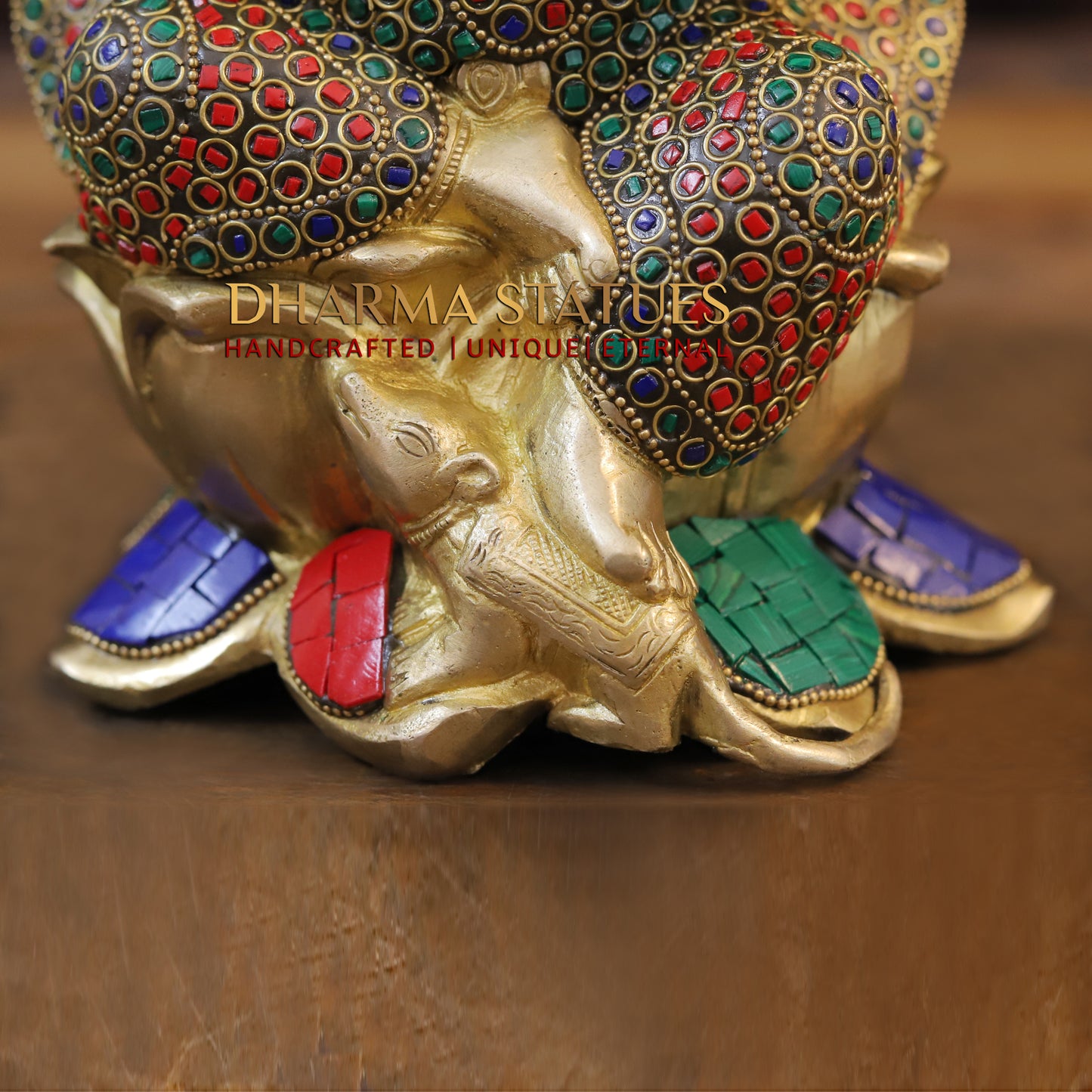 Brass Ganesh seated on Lotus, Golden & Stonework, 10"