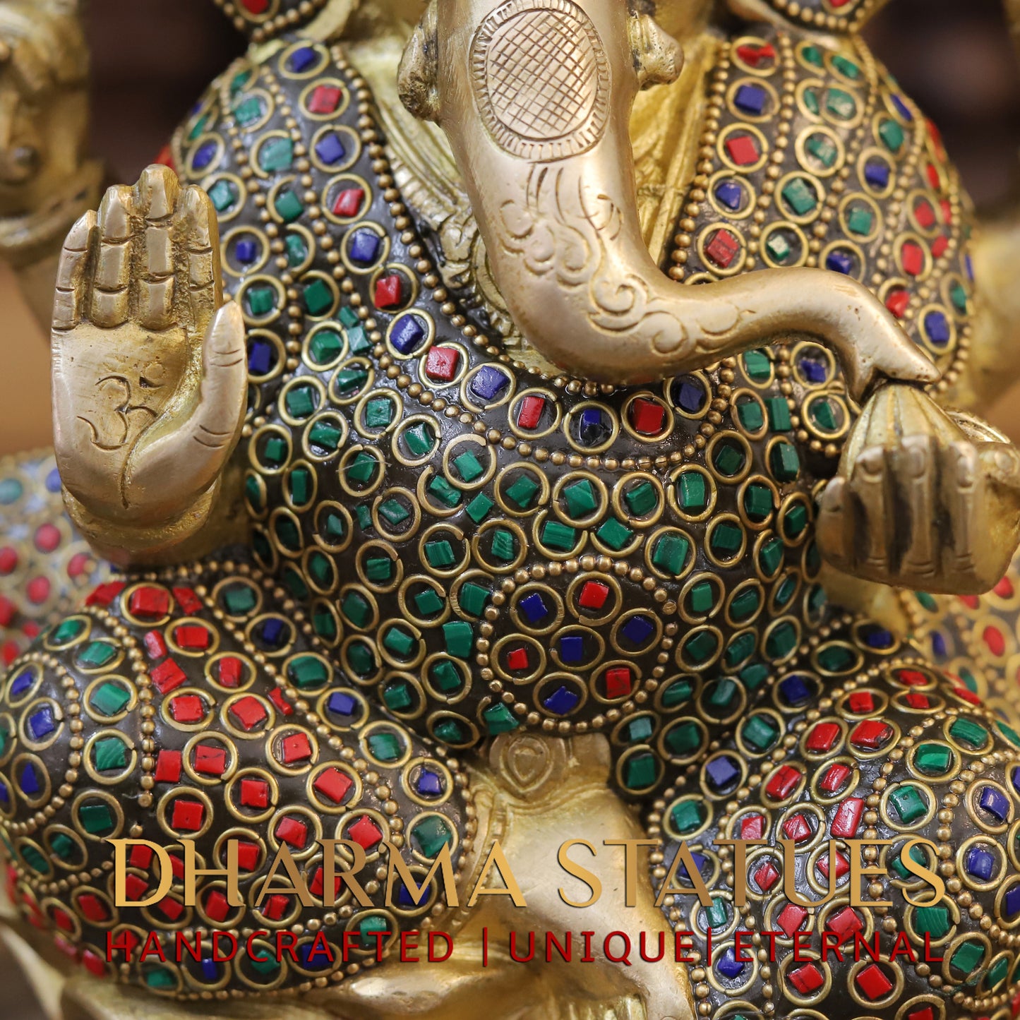 Brass Ganesh seated on Lotus, Golden & Stonework, 10"