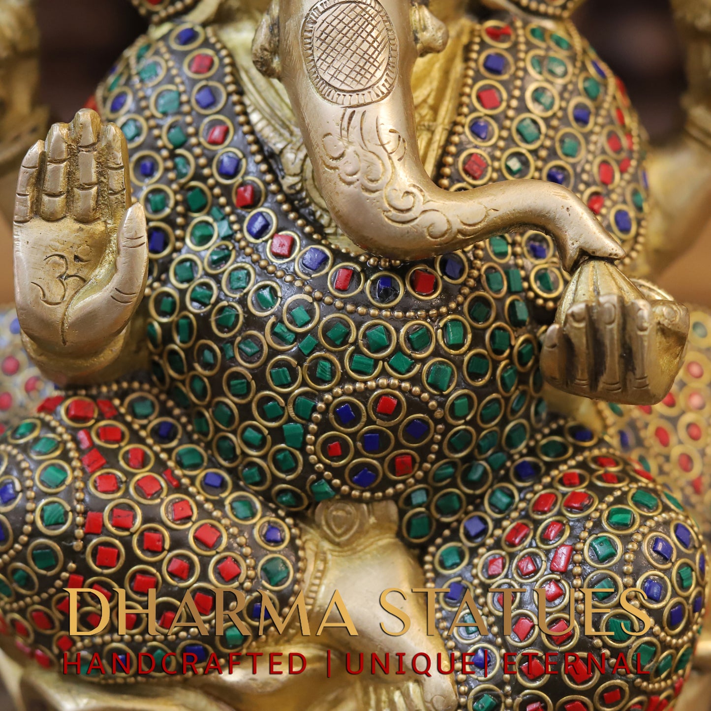 Brass Ganesh seated on Lotus, Golden & Stonework, 10"