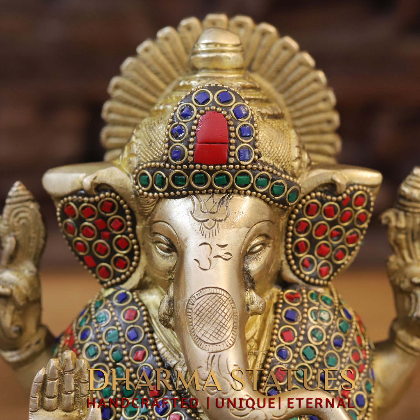 Brass Ganesh seated on Lotus, Golden & Stonework, 10"
