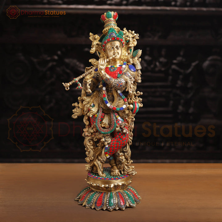 Brass Krishna, Lord Krishna is Standing on a Platform, 26" Front View