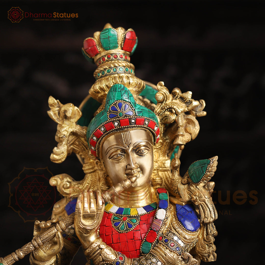 Brass Lord Krishna Statue, Golden Finish and Stone Work, 26"