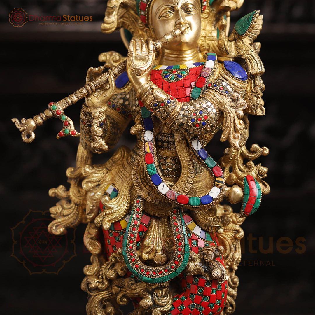 Brass Lord Krishna Statue, Golden Finish and Stone Work, 26"