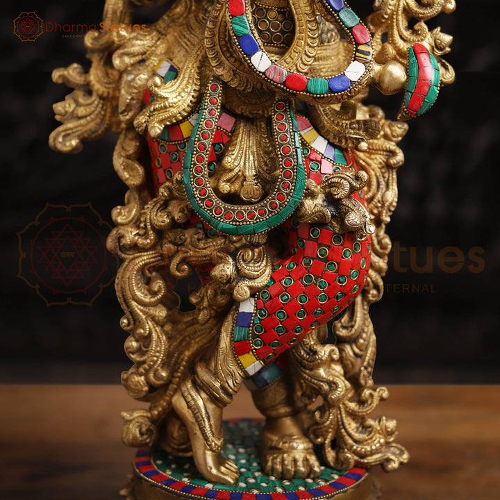 Brass Lord Krishna Statue, Golden Finish and Stone Work, 26"