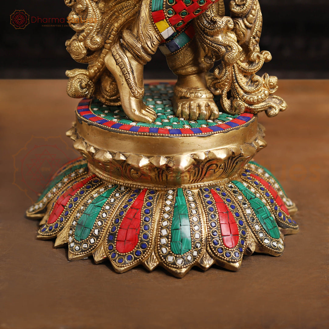 Brass Lord Krishna Statue, Golden Finish and Stone Work, 26"