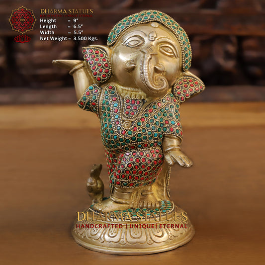 Brass Baby Ganesh standing, Golden & Stonework, 9"