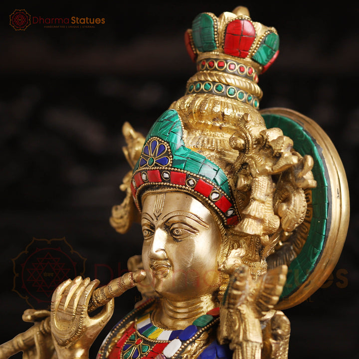 Brass Lord Krishna Statue, Golden Finish and Stone Work, 26"