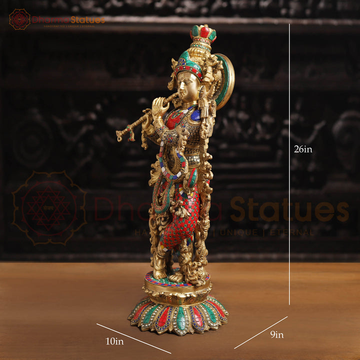 Brass Lord Krishna Statue, Golden Finish and Stone Work, 26"