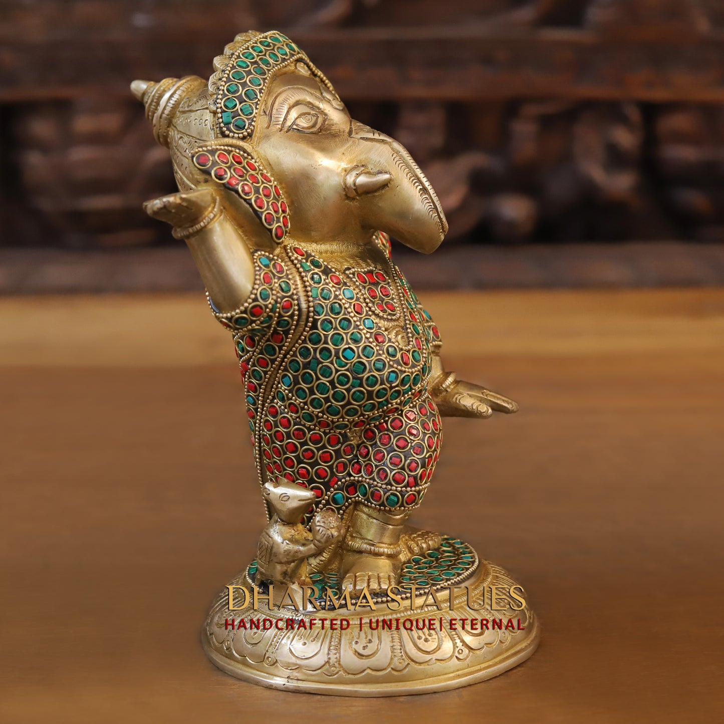 Brass Baby Ganesh standing, Golden & Stonework, 9"