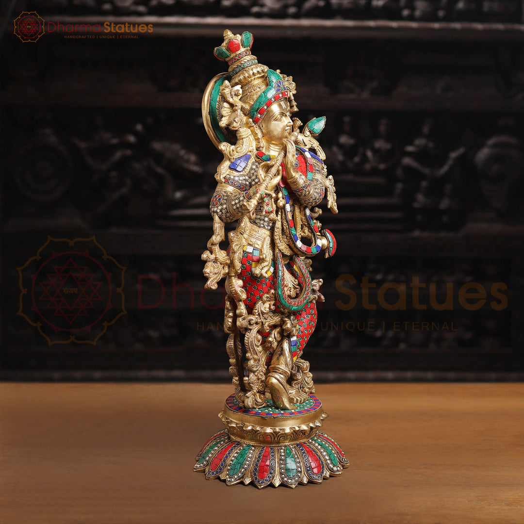 Brass Lord Krishna Statue, Golden Finish and Stone Work, 26"